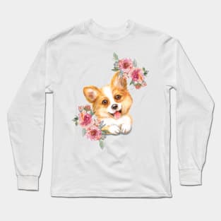 Cute Corgi Puppy Dog Watercolor Art Long Sleeve T-Shirt